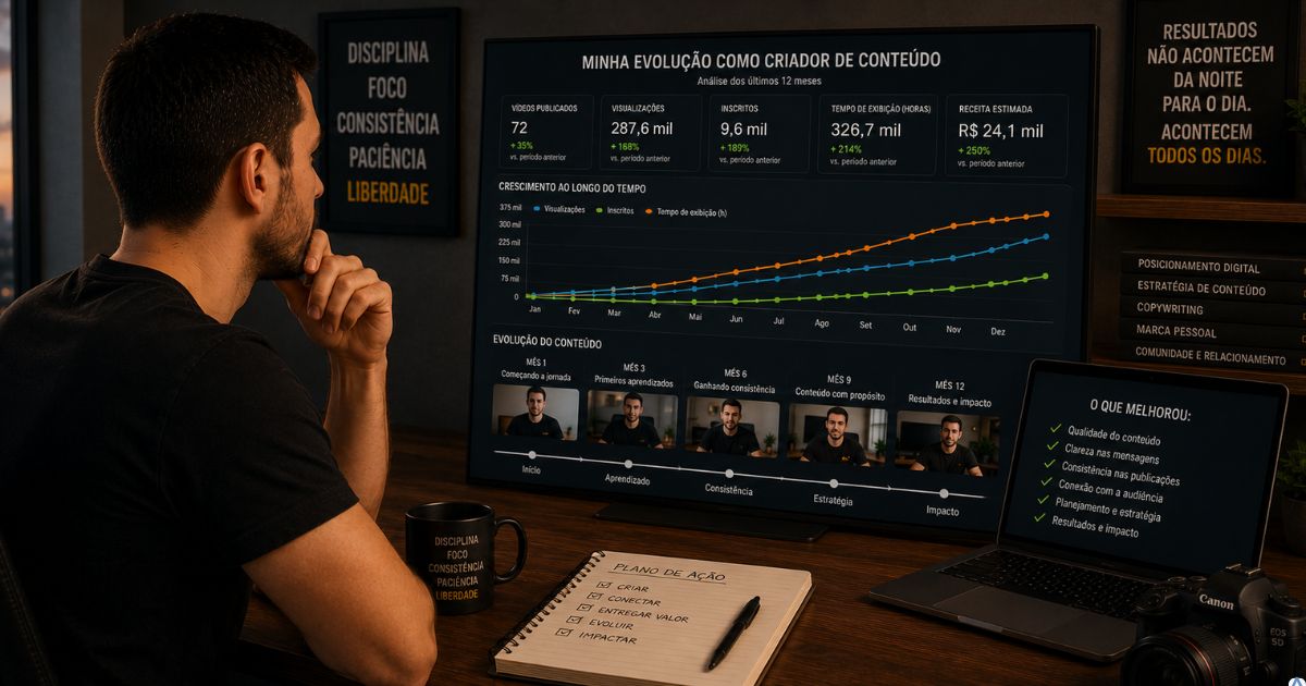 Criador de conteúdo analisando sua evolução ao longo dos meses, observando melhorias graduais em seu trabalho