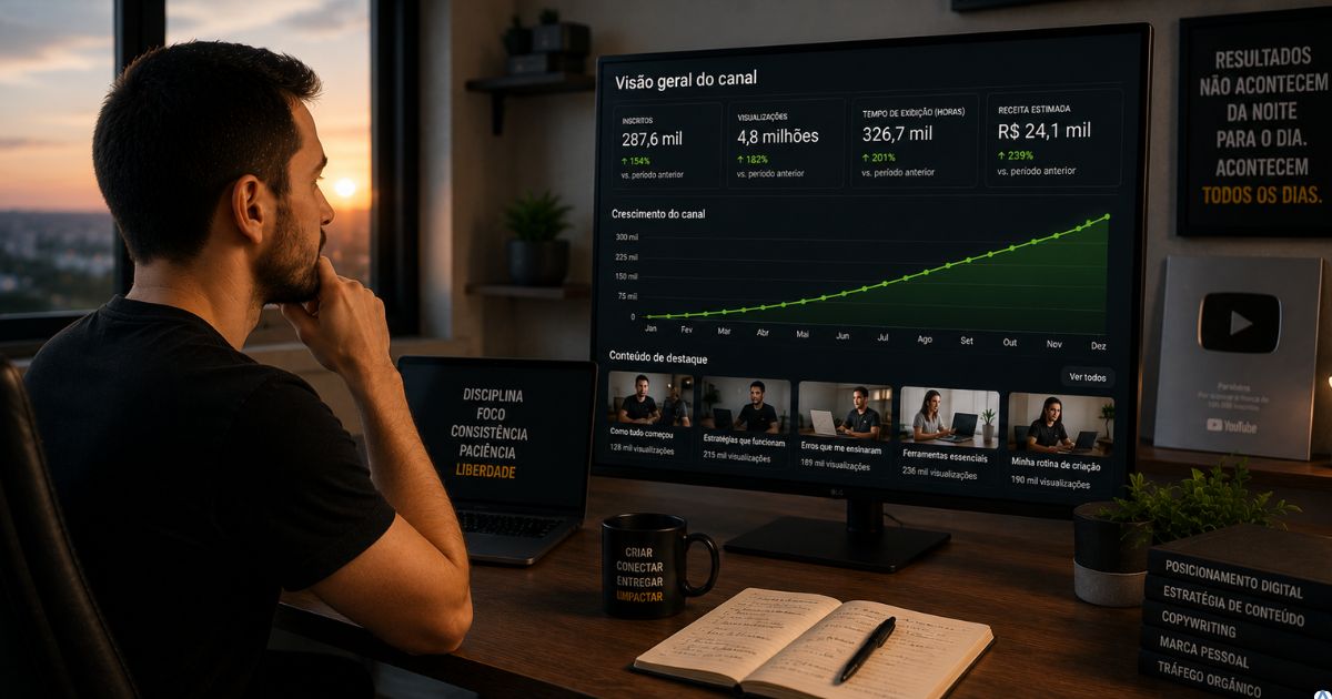Criador de conteúdo observando a evolução de seu projeto digital após meses de trabalho consistente, ambiente inspirador e realista