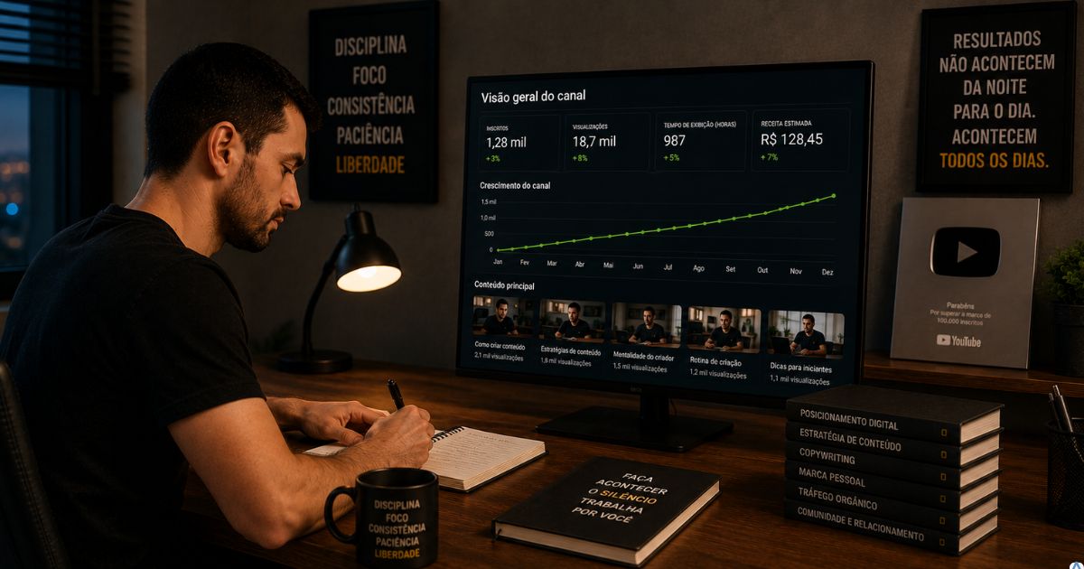 Criador de conte�do analisando m�tricas modestas enquanto continua trabalhando com foco e consist�ncia em seu projeto digital de longo prazo