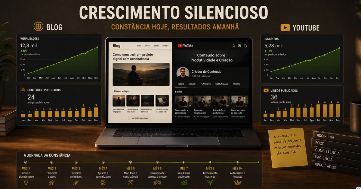 Representa��o visual de crescimento silencioso em um blog e canal do YouTube, com gr�ficos subindo lentamente e conte�dos acumulados ao longo do tempo