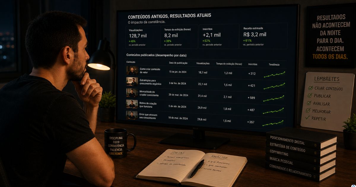 Criador analisando conte�dos antigos que come�aram a ganhar visitas e visualiza��es depois de meses publicados