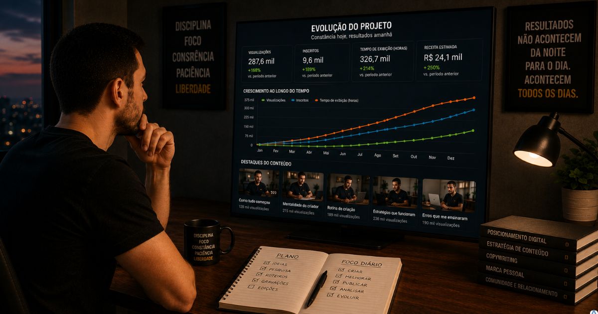 Criador de conte�do observando a evolu��o gradual de seu projeto digital, com sensa��o de progresso silencioso e constru��o de longo prazo