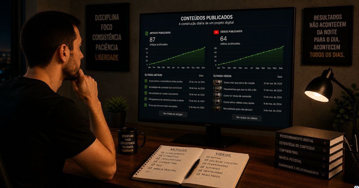 Criador de conte�do observando uma lista crescente de artigos e v�deos publicados, representando a constru��o gradual dos primeiros 100 conte�dos em um projeto digital de longo prazo.