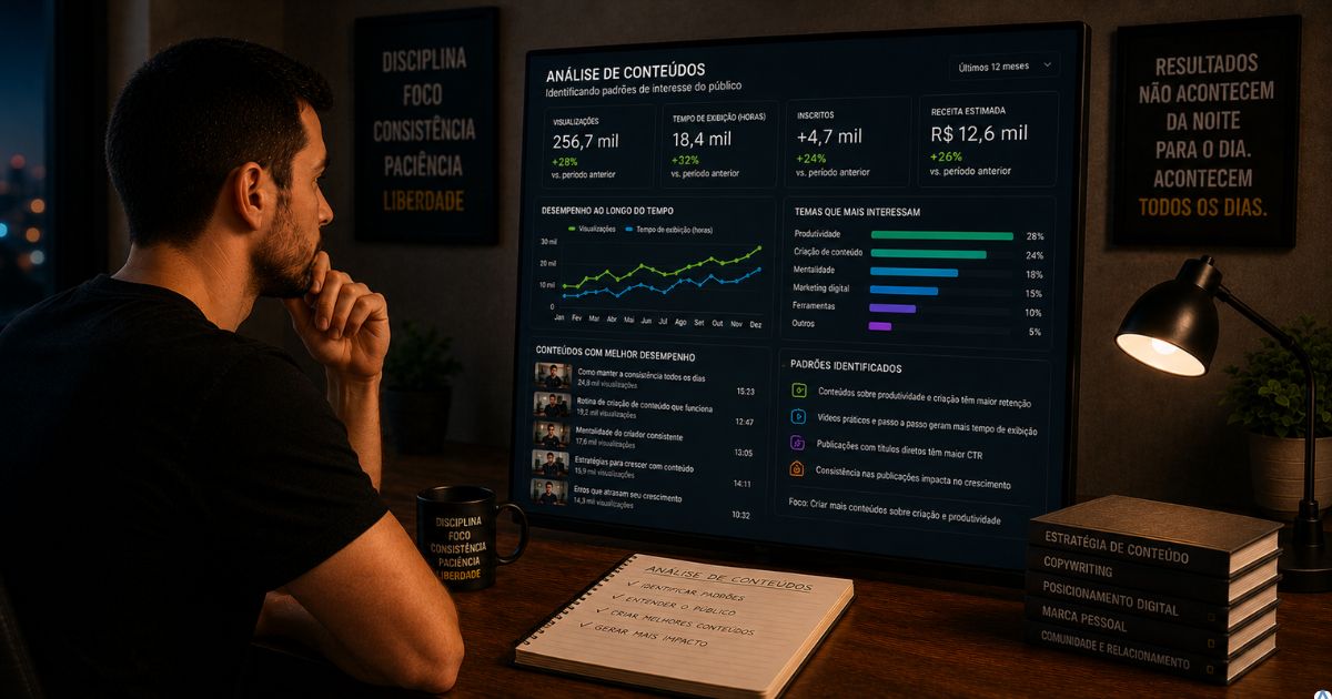 Criador analisando conte�dos publicados e identificando padr�es de interesse do p�blico ao longo do tempo.