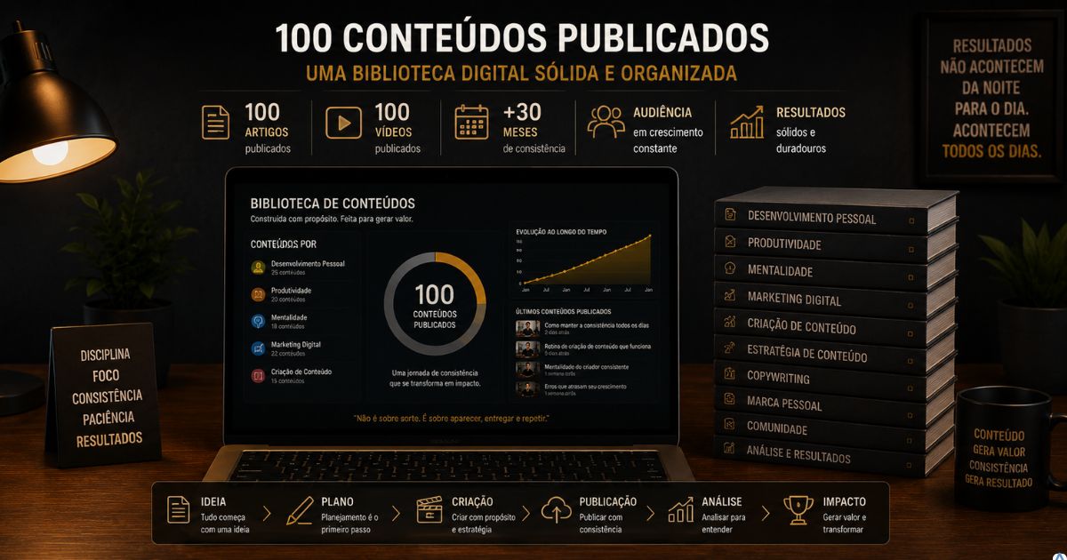 Representa��o visual do ac�mulo de 100 conte�dos formando uma biblioteca digital s�lida e organizada.
