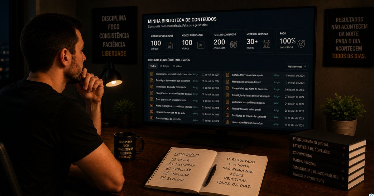Criador de conte�do observando sua biblioteca de artigos e v�deos constru�da ao longo do tempo, simbolizando crescimento atrav�s do ac�mulo e da consist�ncia.