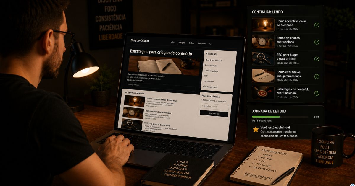 Leitor retornando a um blog e consumindo vários conteúdos relacionados, demonstrando confiança crescente no criador.