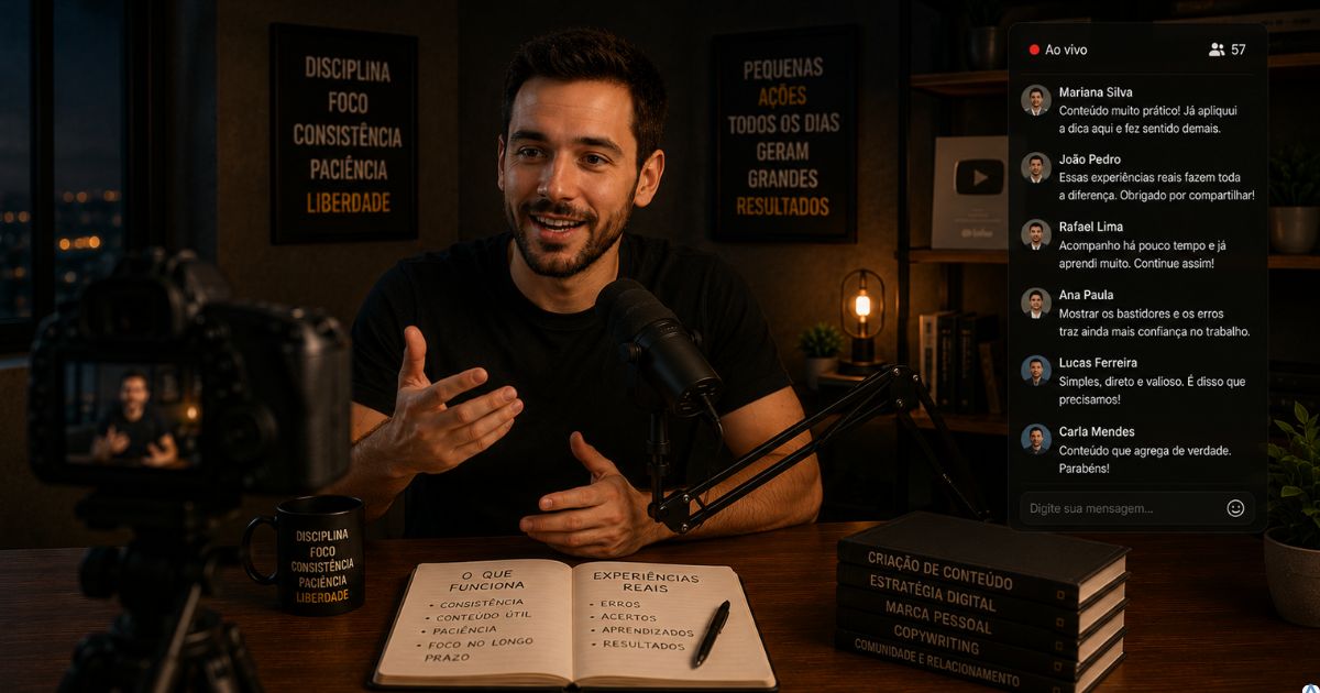 Criador de conteúdo compartilhando experiências práticas e ensinamentos reais para uma pequena audiência engajada.