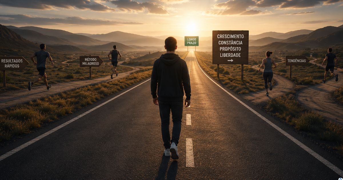 Criador de conte�do caminhando por uma estrada longa e constante enquanto outras pessoas correm em diferentes dire��es, representando crescimento sustent�vel, consist�ncia e constru��o de resultados no longo prazo no marketing digital.