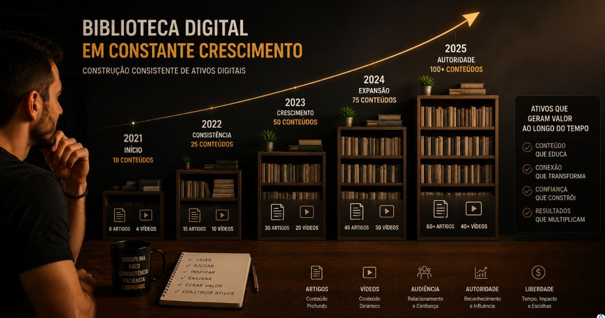 Biblioteca digital crescendo gradualmente com artigos e v�deos acumulados ao longo do tempo, representando constru��o consistente de ativos digitais.