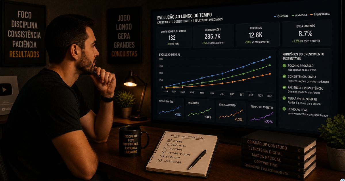 Criador analisando a evolu��o gradual de m�tricas ao longo dos meses, focando em crescimento consistente em vez de resultados imediatos.