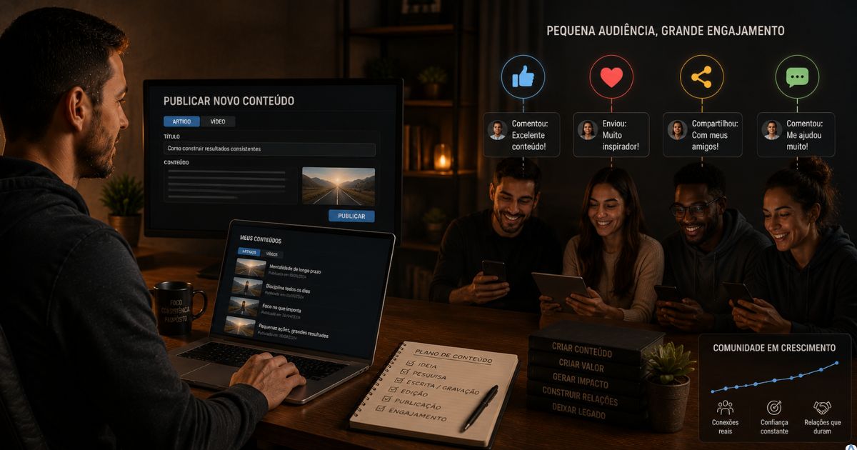 Criador de conte�do publicando materiais online enquanto acompanha um pequeno grupo de pessoas que interagem regularmente com seu trabalho, representando constru��o de audi�ncia, engajamento e crescimento sustent�vel no marketing digital.