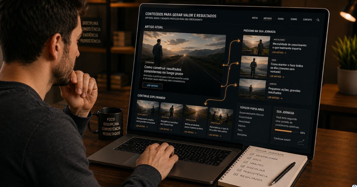 Leitor navegando por diversos conte�dos conectados dentro de um blog, demonstrando interesse cont�nuo e consumo em sequ�ncia.