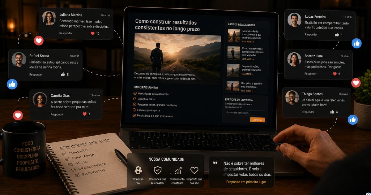 Comunidade pequena mas engajada interagindo com conte�dos digitais, representando relacionamento e confian�a sendo constru�dos ao longo do tempo.