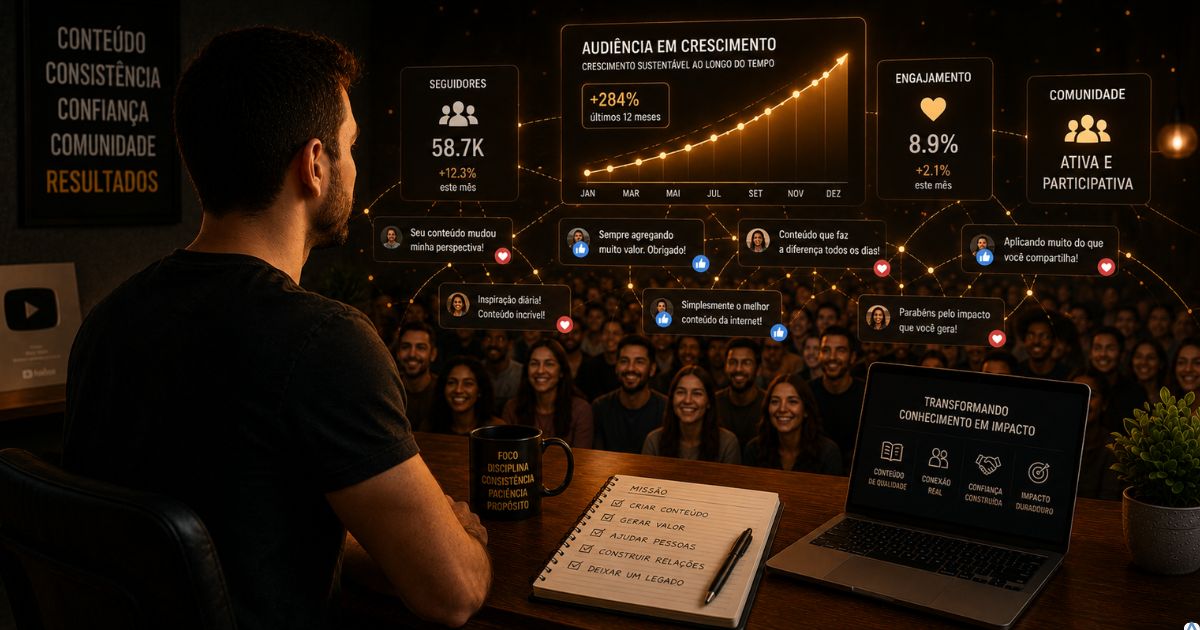 Criador observando uma comunidade digital engajada crescendo ao redor de seus conte�dos, simbolizando audi�ncia constru�da atrav�s de confian�a e consist�ncia.