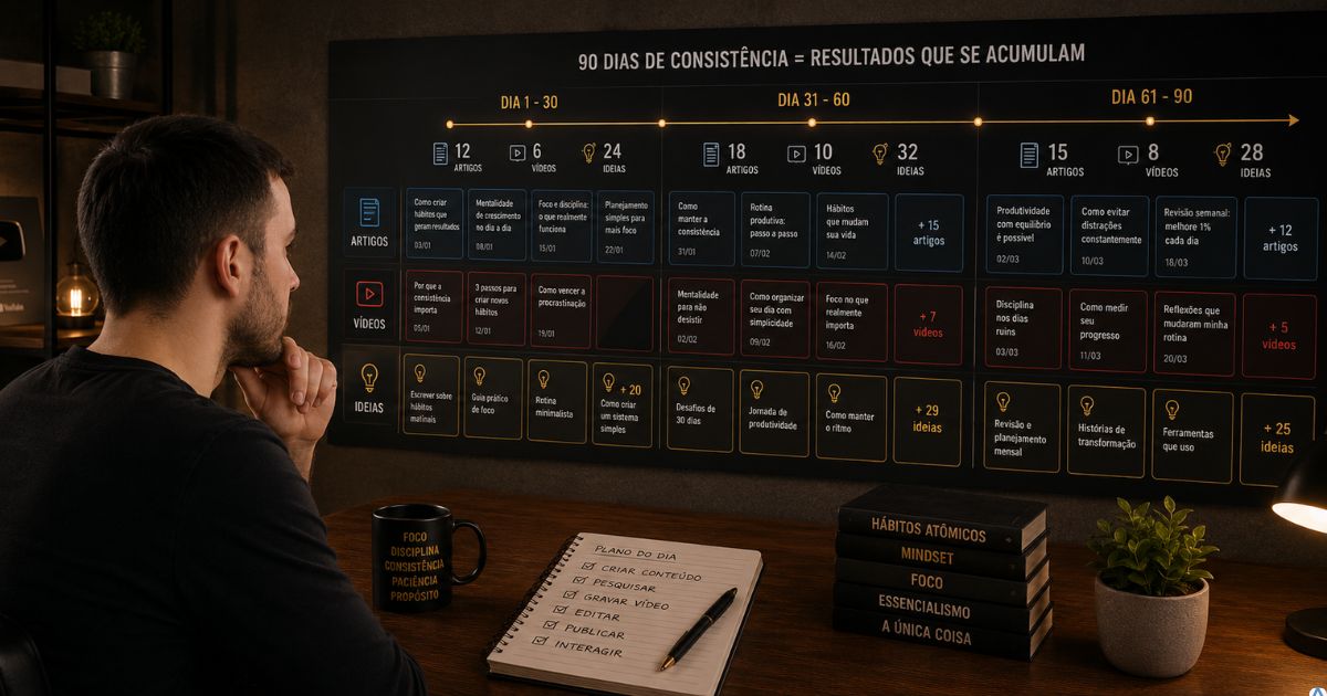 Criador de conteúdo analisando uma linha do tempo de 90 dias com artigos, vídeos e ideias acumuladas, representando evolução, consistência e construção de um projeto digital de longo prazo.