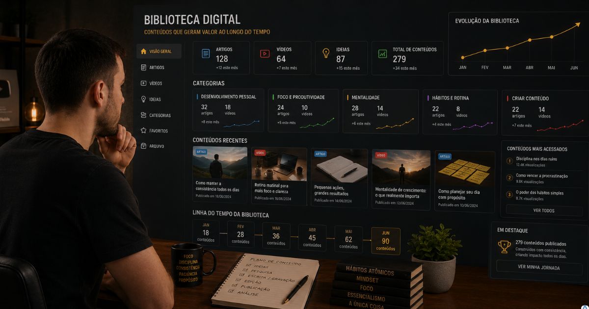 Biblioteca digital crescendo com artigos e vídeos organizados por categorias, representando um projeto de conteúdo amadurecendo ao longo dos meses.