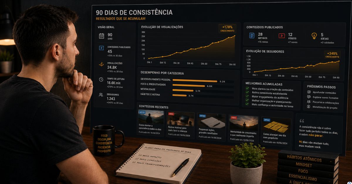 Criador analisando seu projeto após 90 dias, vendo gráficos de evolução, conteúdos publicados e melhorias acumuladas.