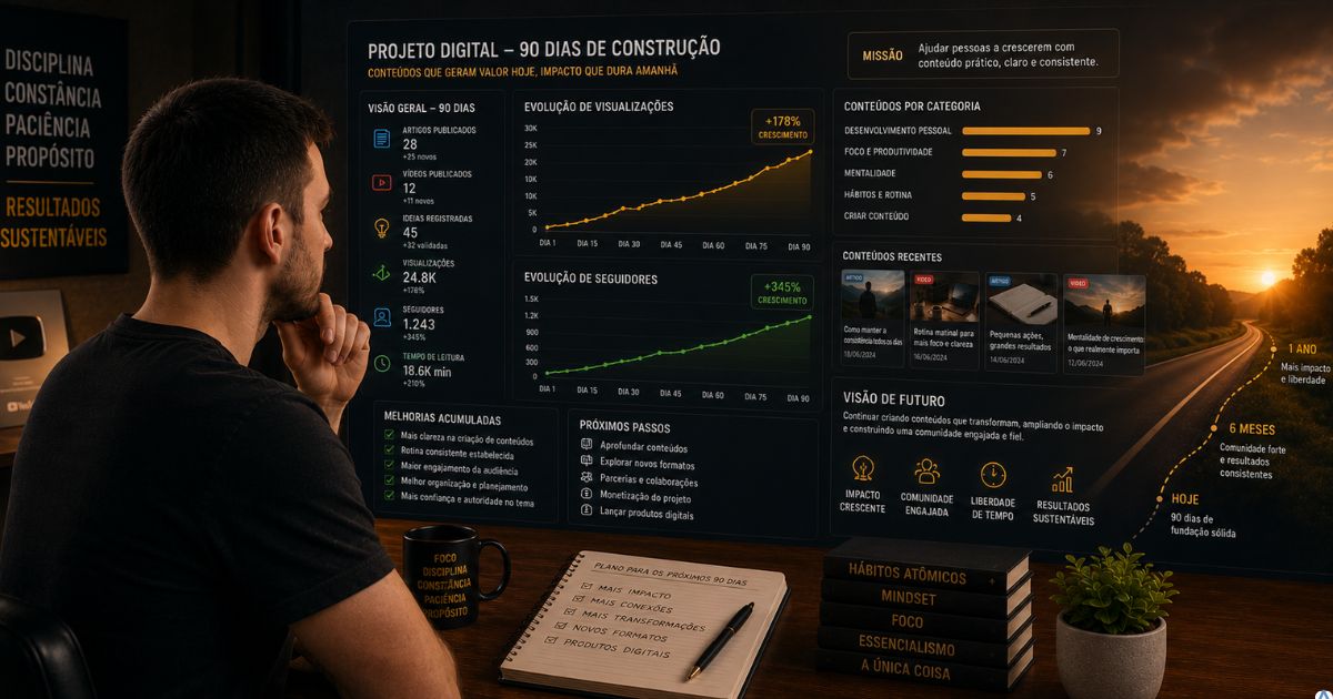 Criador observando um projeto digital construído ao longo de 90 dias, com conteúdos acumulados e uma visão de crescimento sustentável no futuro.