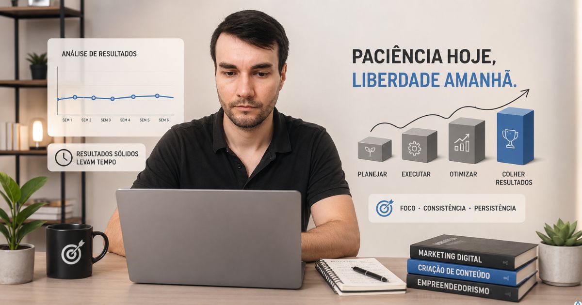 Criador de conte�do observando um gr�fico aparentemente parado enquanto continua trabalhando de forma consistente, representando paci�ncia, persist�ncia e constru��o de resultados de longo prazo no marketing digital.