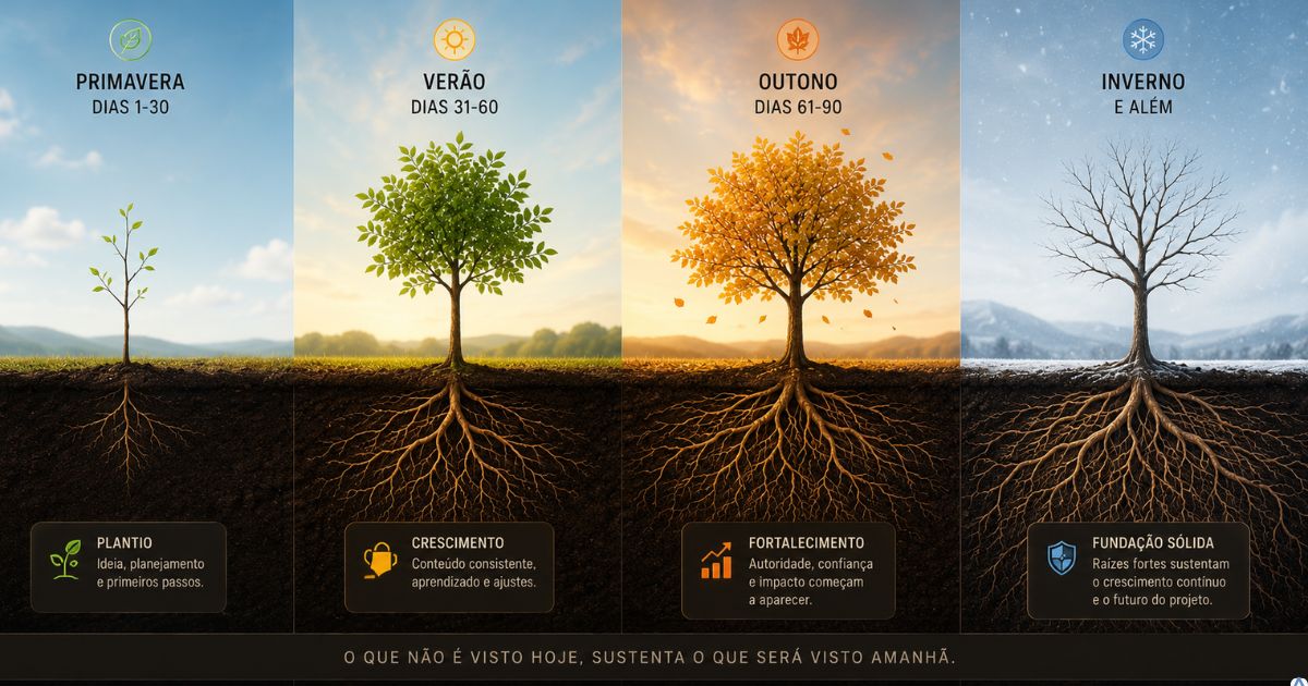 �rvore crescendo lentamente ao longo das esta��es enquanto suas ra�zes se fortalecem, representando a constru��o invis�vel de um projeto digital.
