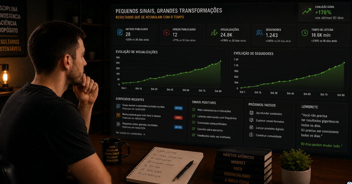 Criador observando pequenos sinais positivos surgindo gradualmente em seu projeto digital, representando crescimento acumulado e evolu��o consistente.