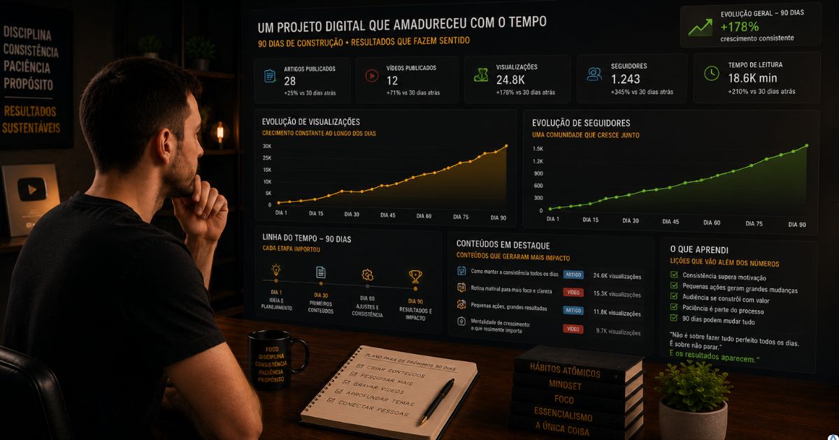 Criador observando um projeto digital amadurecendo ao longo do tempo, simbolizando resultados surgindo ap�s meses de constru��o consistente.