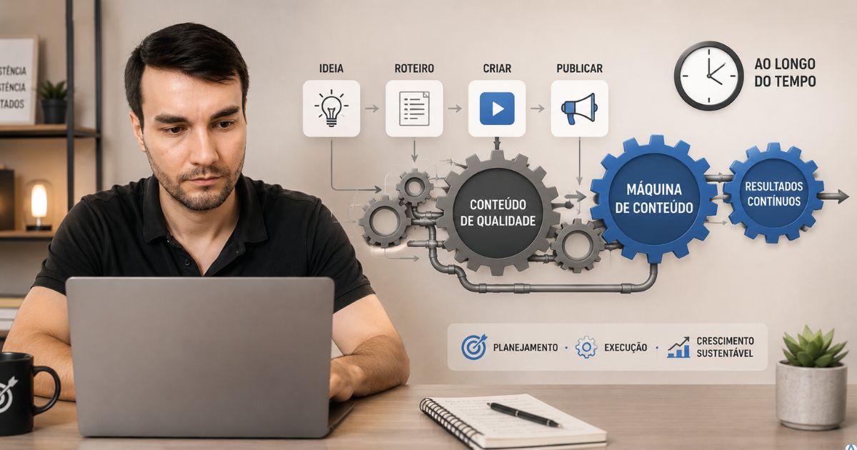 Criador construindo conte�dos que se conectam como engrenagens de uma m�quina digital funcionando continuamente, representando a transforma��o de conte�do em ativo digital de longo prazo.