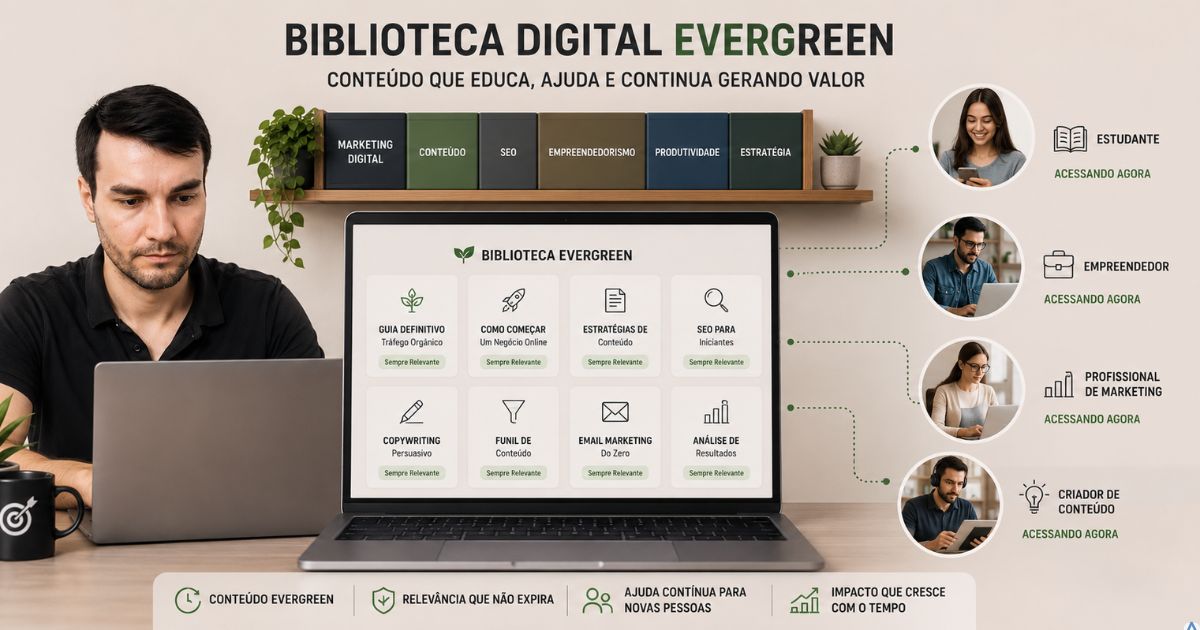 Biblioteca digital organizada com artigos evergreen sendo acessados continuamente ao longo do tempo por diferentes pessoas.