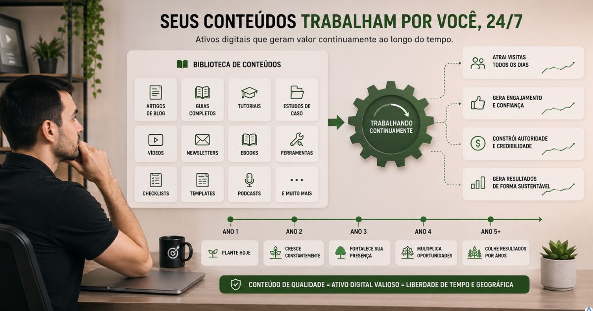Criador observando uma grande biblioteca de conte�dos trabalhando continuamente ao longo do tempo, simbolizando ativos digitais gerando valor de forma sustent�vel.
