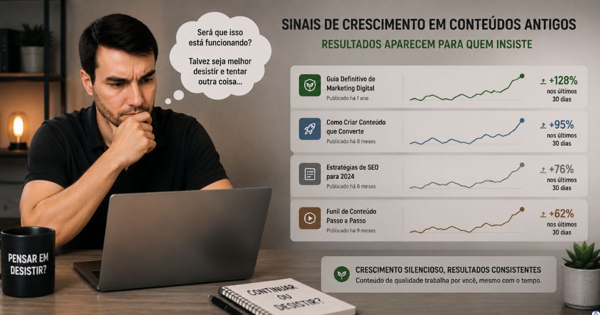 Criador observando pequenos sinais de crescimento surgindo em conte�dos antigos enquanto pensa em desistir da estrat�gia.