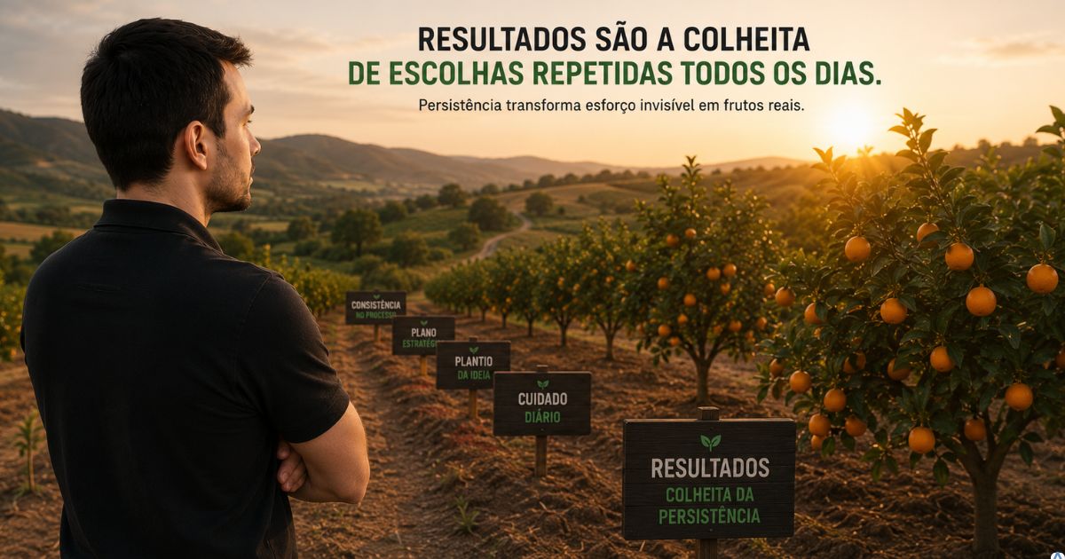 Criador observando uma planta��o come�ando a dar frutos ap�s longo per�odo de cuidado, representando resultados surgindo ap�s persist�ncia e consist�ncia.