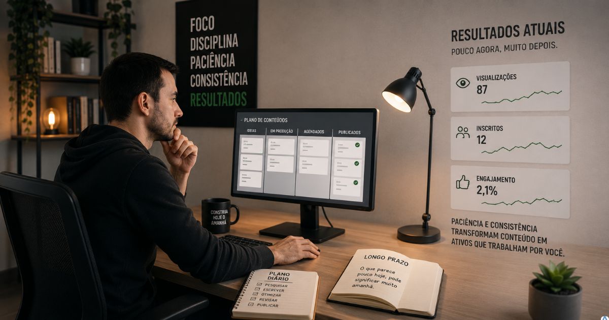Criador trabalhando de forma organizada diante do computador enquanto observa poucos resultados imediatos, representando paciência, consistência e construção de um projeto digital de longo prazo.