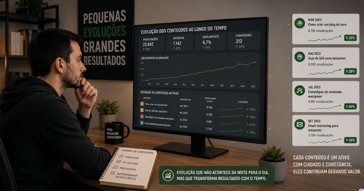 Criador analisando conteúdos antigos e percebendo pequenas evoluções acumuladas ao longo dos meses.