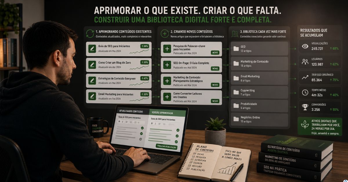 Criador aprimorando conteúdos antigos enquanto novos artigos fortalecem uma biblioteca digital cada vez mais completa.