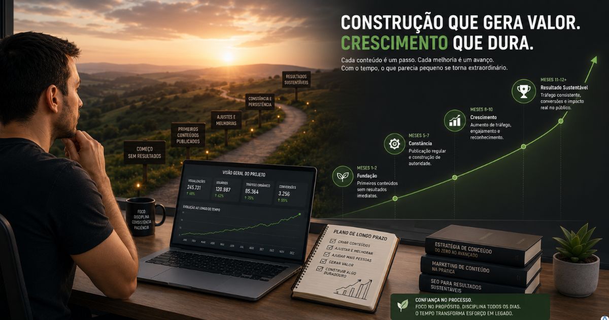 Criador observando seu projeto digital crescendo gradualmente ao longo do tempo, simbolizando confiança no processo, melhoria contínua e construção sustentável.