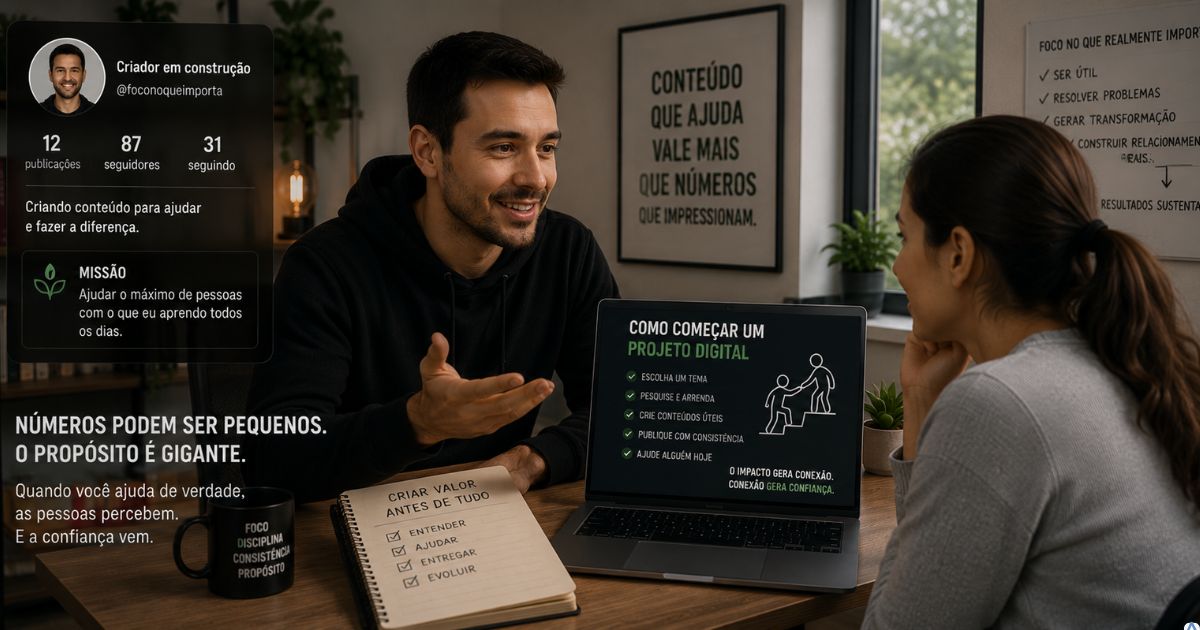 Criador de conte�do iniciando um projeto digital com poucos seguidores, ajudando uma pessoa de forma genu�na e mostrando como construir confian�a e autoridade na internet atrav�s de conte�do �til e consistente.