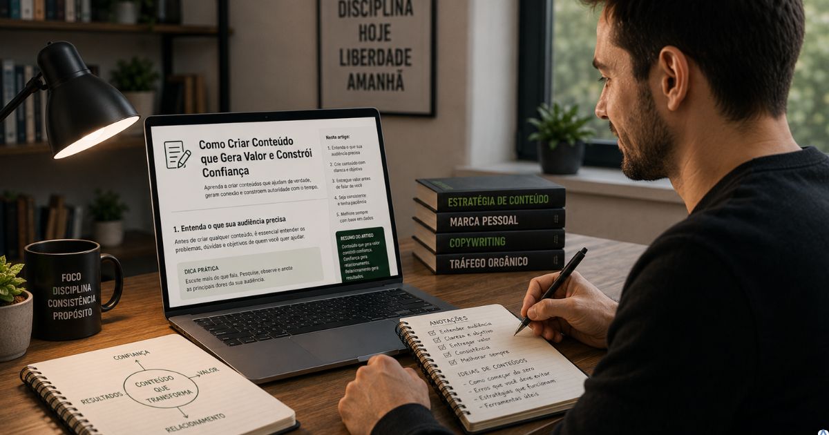 Pessoa lendo um artigo claro e organizado em um notebook, fazendo anota��es e demonstrando compreens�o e confian�a no conte�do.