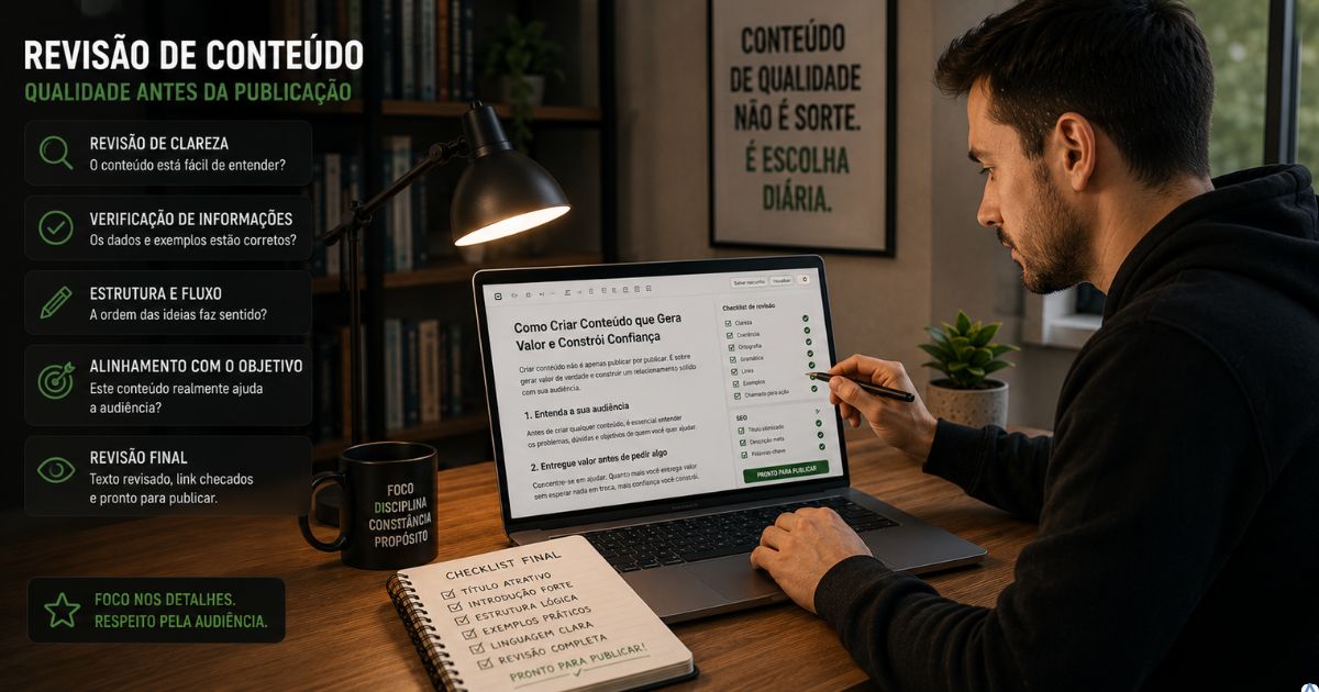 Criador revisando cuidadosamente um artigo antes da publica��o, transmitindo organiza��o, responsabilidade e aten��o aos detalhes.