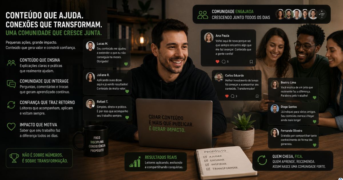 Criador de conte�do sendo reconhecido por uma pequena comunidade engajada, com pessoas interagindo, aprendendo e retornando ao seu projeto, simbolizando confian�a constru�da ao longo do tempo.
