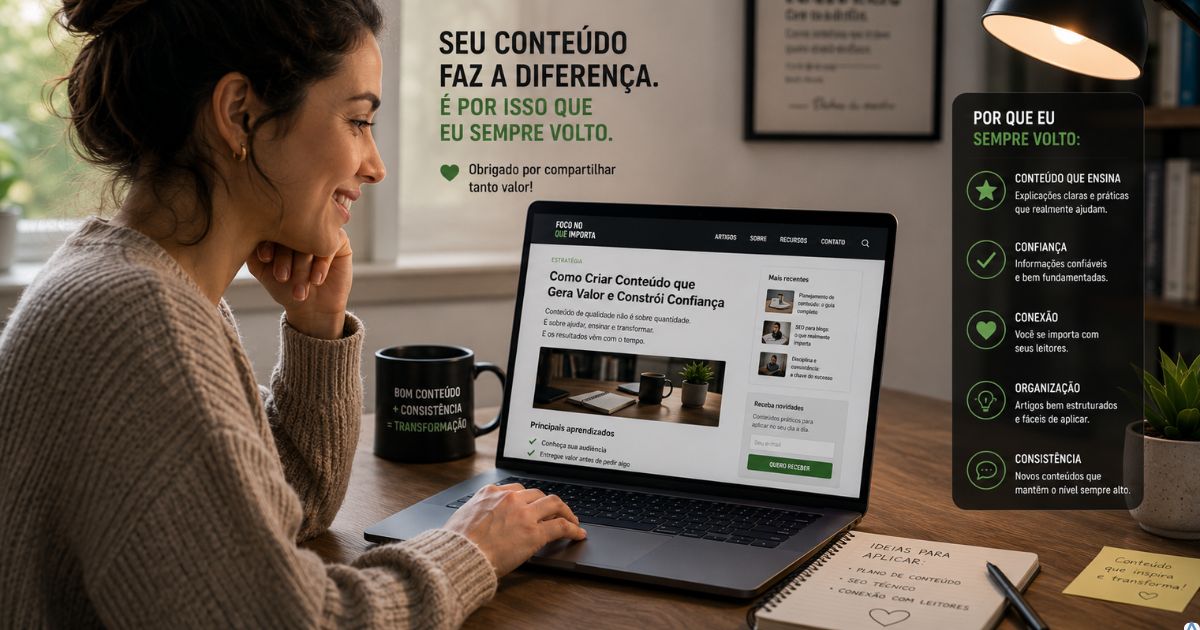 Pessoa retornando a um blog favorito em um notebook, com express�o de satisfa��o e confian�a, representando a fideliza��o de leitores por meio de conte�do �til, consistente e de longo prazo.