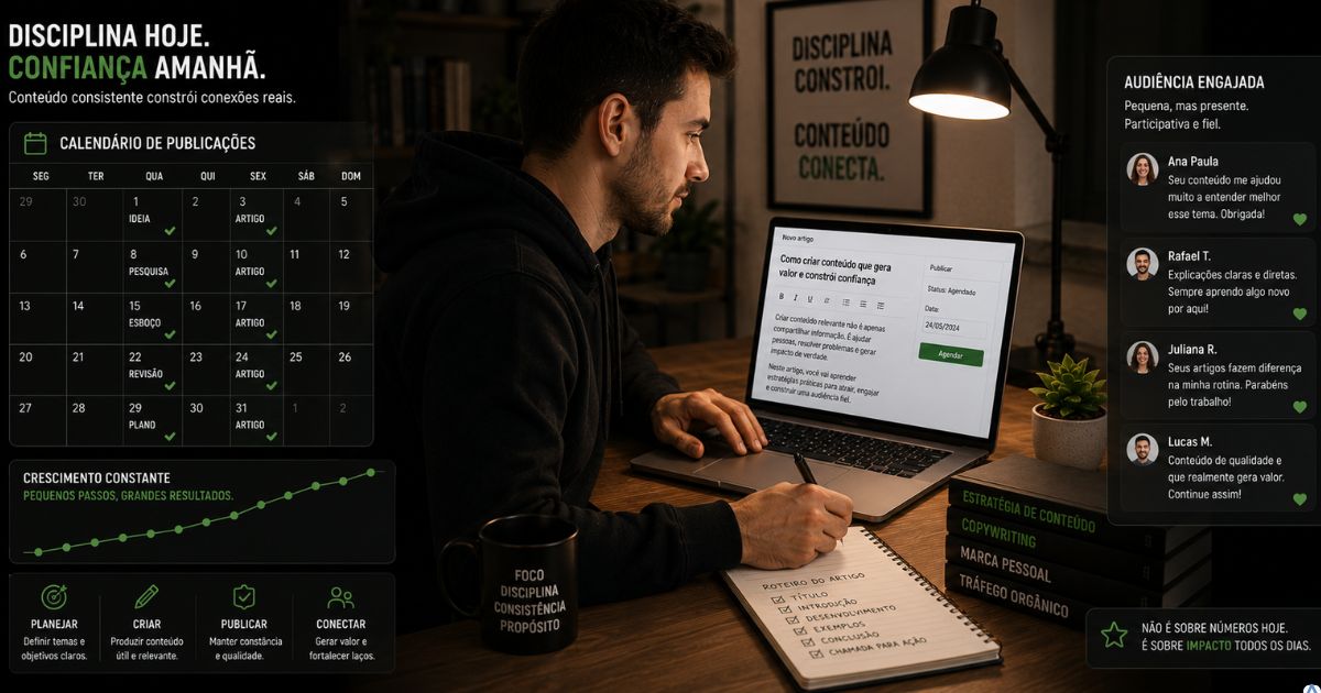 Criador de conte�do seguindo um calend�rio de publica��es, produzindo artigos regularmente enquanto uma pequena audi�ncia acompanha seu trabalho.