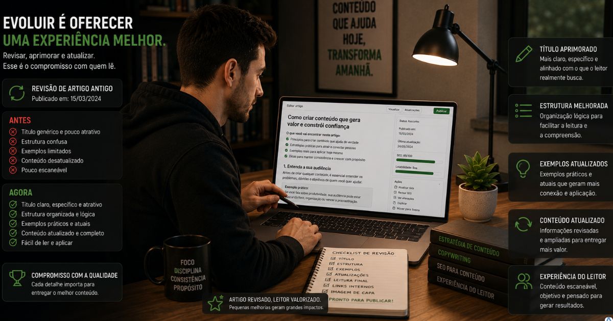 Criador revisando um artigo antigo e aprimorando t�tulos, exemplos e estrutura para oferecer uma experi�ncia melhor aos leitores.