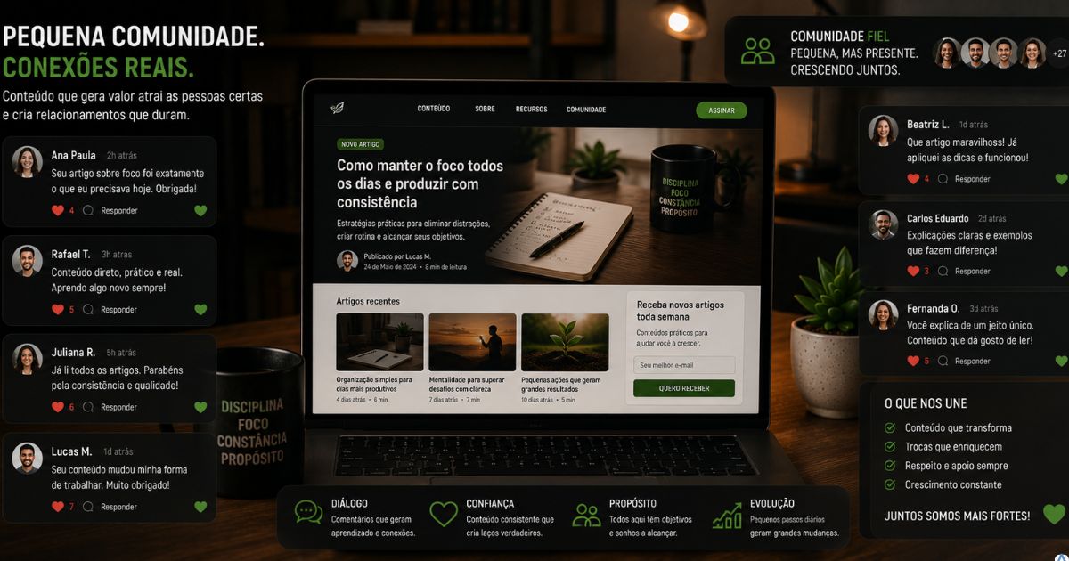 Pequena comunidade acompanhando fielmente um criador de conte�do, interagindo com novos artigos e demonstrando confian�a constru�da ao longo do tempo, em um ambiente digital acolhedor.