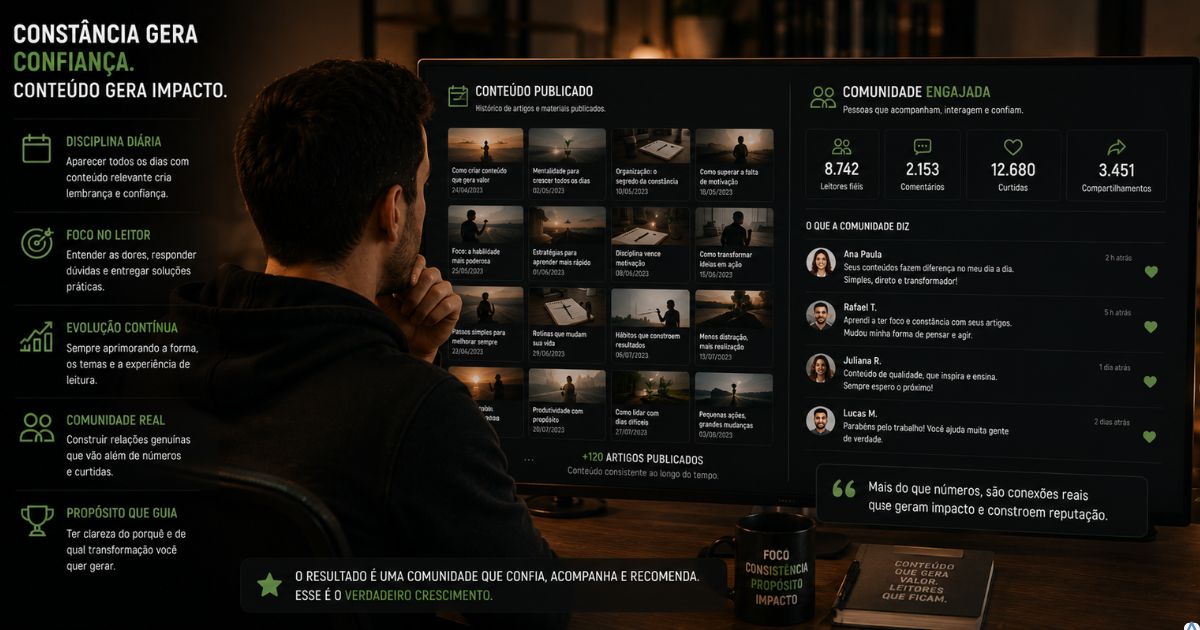 Criador de conteúdo comparando muitos conteúdos publicados com uma comunidade engajada, representando a diferença entre produzir conteúdo e construir reputação no marketing digital.