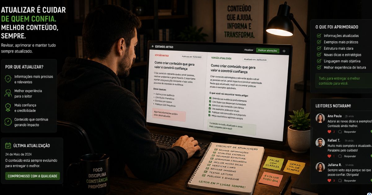 Criador atualizando um artigo antigo no computador, revisando informações e aprimorando a qualidade do conteúdo para seus leitores.