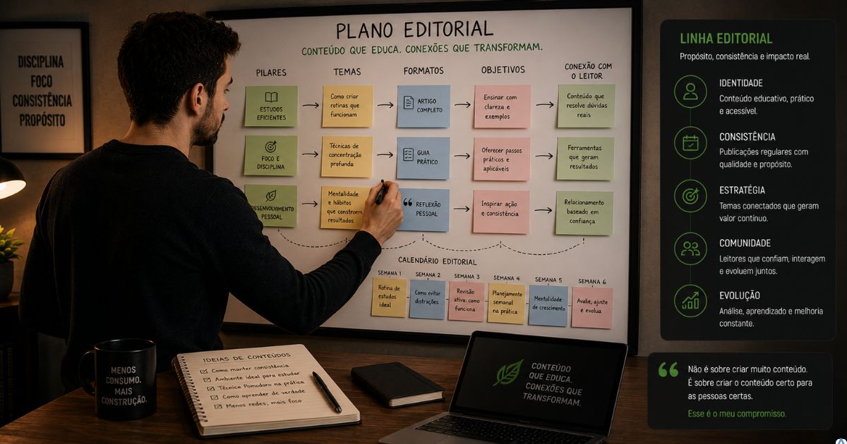 Criador planejando sua linha editorial em um quadro com temas conectados, mostrando organiza��o, consist�ncia e constru��o de identidade.
