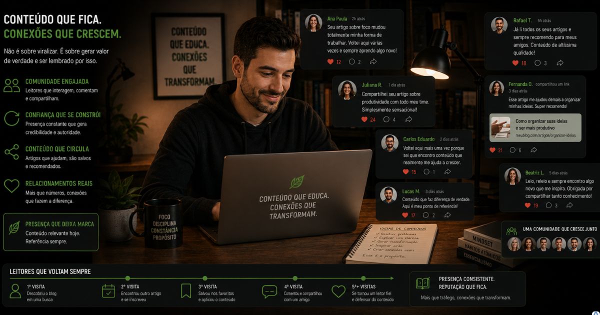 Criador de conte�do sendo lembrado por uma comunidade engajada, com pessoas compartilhando seus artigos e retornando ao blog ao longo do tempo, simbolizando reputa��o e presen�a digital constru�da de forma consistente.