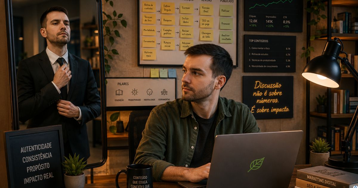 Criador de conteúdo olhando para um espelho onde vê uma versão exageradamente formal de si mesmo enquanto trabalha de forma simples e autêntica em seu projeto digital, representando a construção de autoridade baseada em experiência real.
