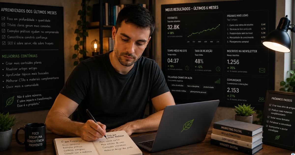 Criador de conteúdo analisando seus próprios resultados, fazendo anotações sobre aprendizados e melhorias após meses de produção consistente.